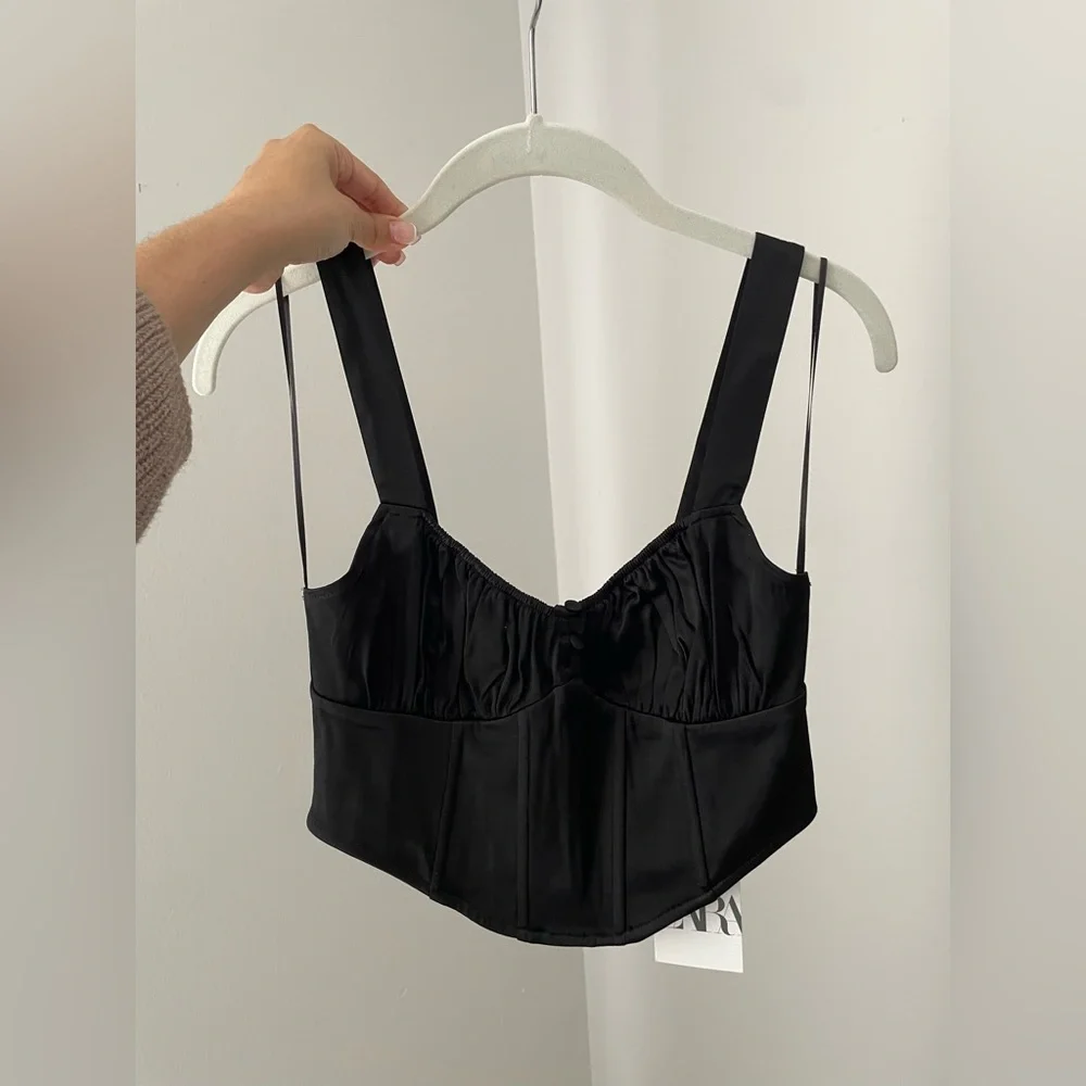 ASOS Black Silk Wide Leg Pants + Zara Black Corset Top // TWO PIECE SET - Picture 8 of 13